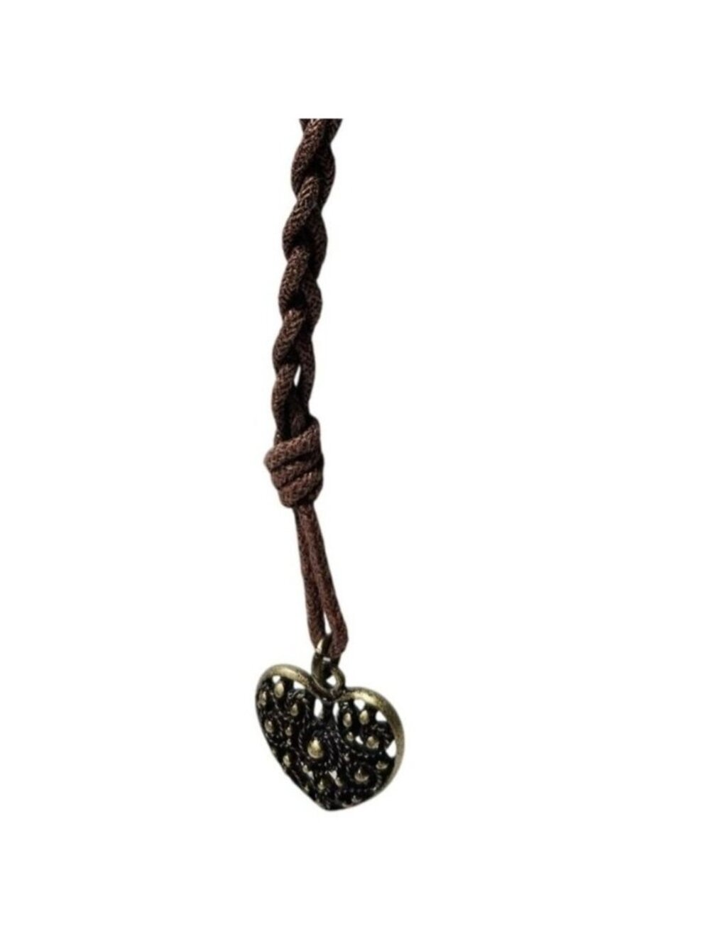 Vintage Heart Pendant Necklace Brown Braided Cord Antique Brass Filigree Charm